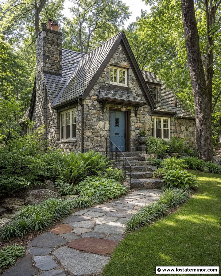 Stone Cottage With Mossy Garden Steps - 30 Stone House Design With Steps Ideas