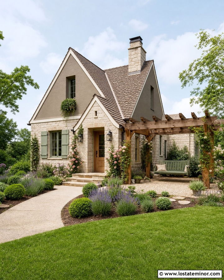 Stone Cottage With Pergola Swing - 30 Stone House Design With Swing Ideas