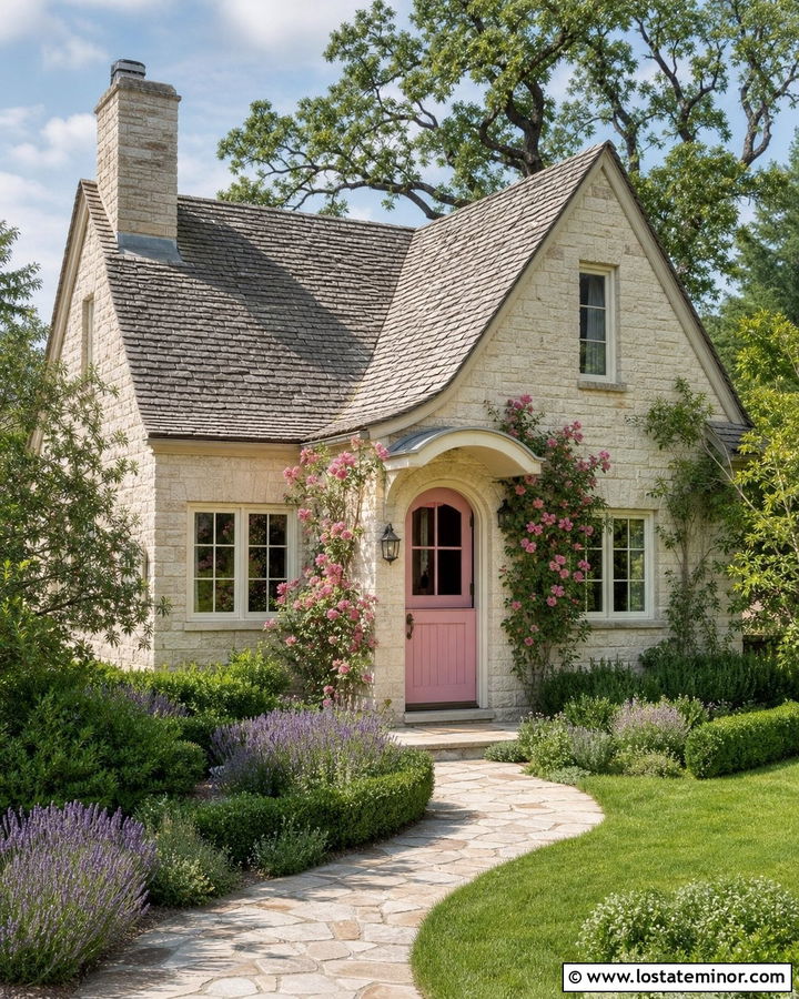Stone Cottage With Pink Dutch Door - 30 Stone House Design With Dutch Door Ideas