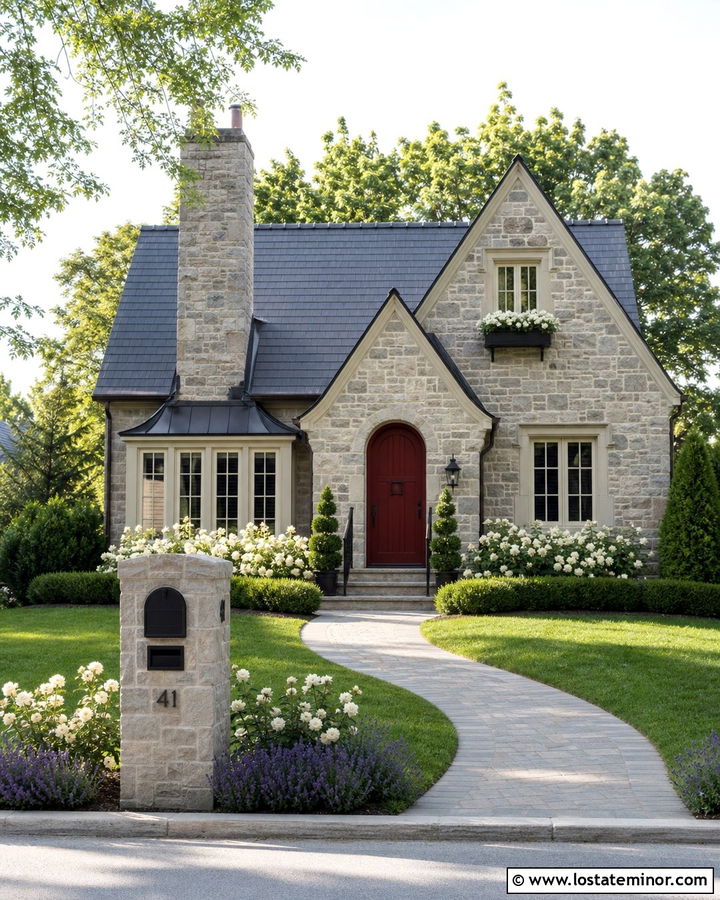 Stone Cottage With Red Door And Black Mailbox - 30 Stone House Design With Mailbox Ideas