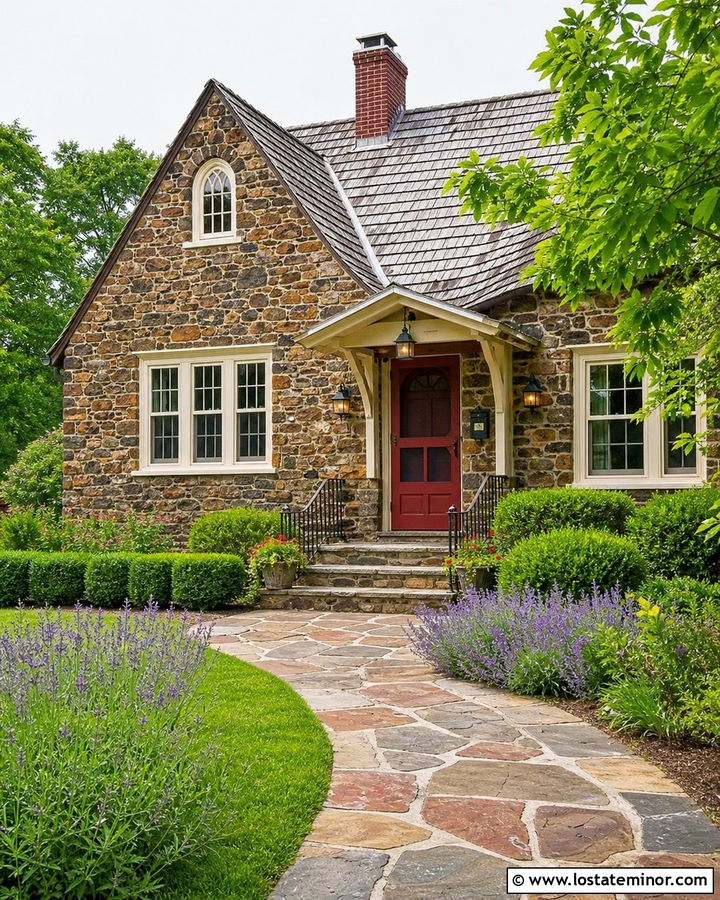 Stone Cottage With Red Screen Door - 30 Stone House Design With Screen Door Ideas