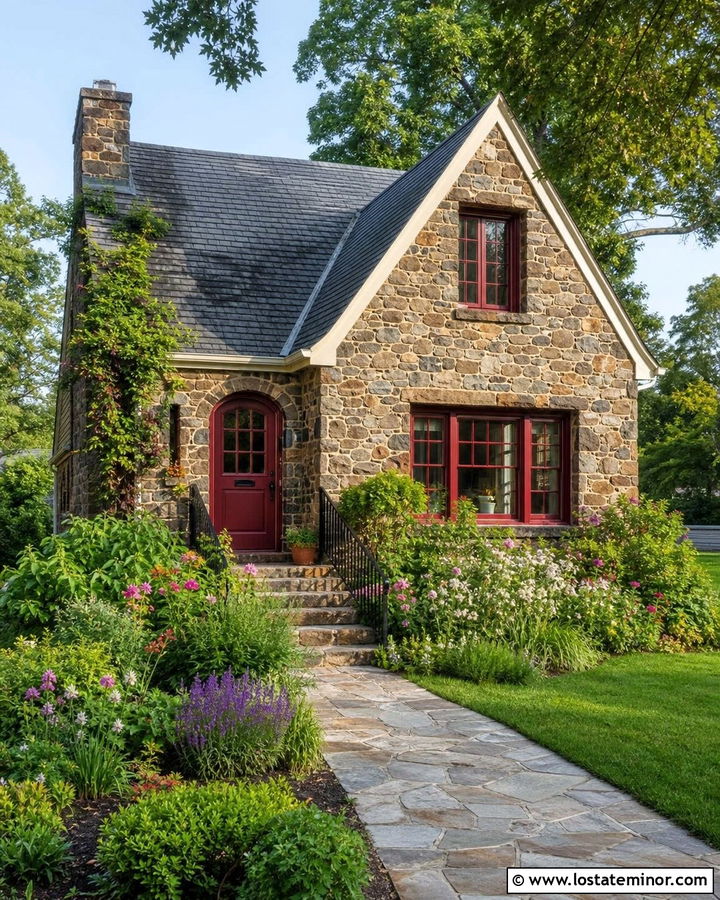 Stone Cottage With Red Window Frames - 30 Stone House Design With Window Frames Ideas