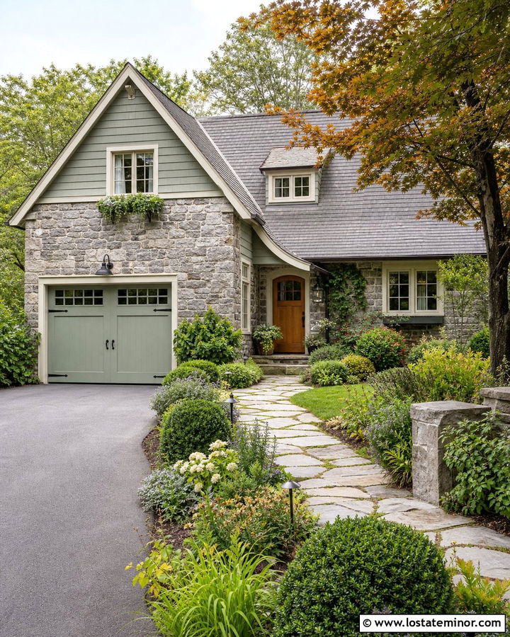 Stone Cottage With Sage Green Garage Door - 30 Stone House Design With Garage Door Ideas