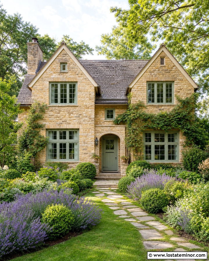 Stone Cottage With Sage Green Window Frames - 30 Stone House Design With Window Frames Ideas
