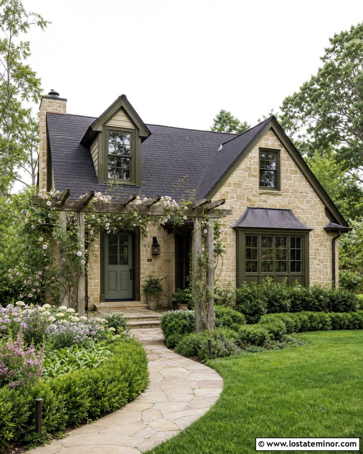 Stone Cottage With Vine Covered Pergola - 30 Stone House Design With Pergola Ideas