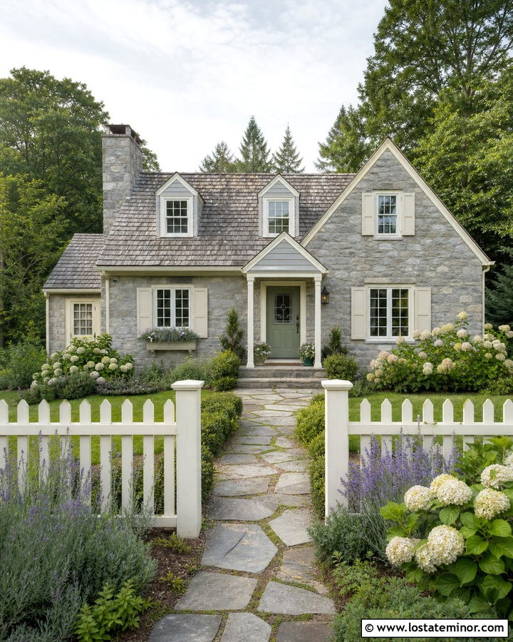 Stone Cottage With White Picket Fence - 30 Stone House Design With Fence Ideas