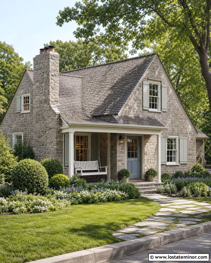 Stone Cottage With White Wooden Swing - 30 Stone House Design With Swing Ideas