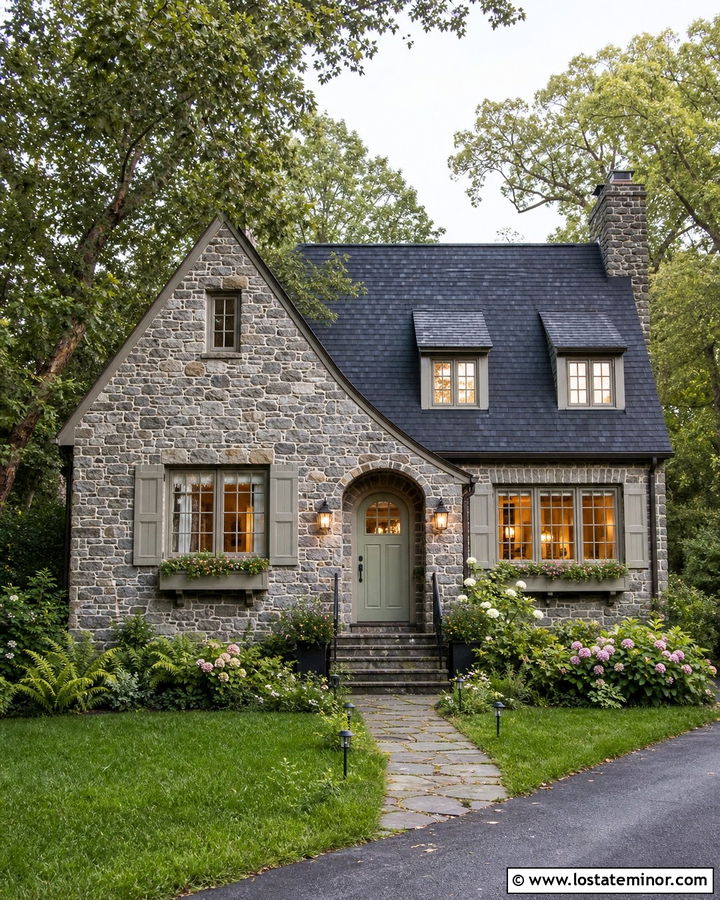 Stone Cottage With Window Box Lighting - 30 Stone House Design With Lighting Ideas