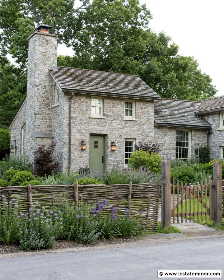 Stone Cottage With Woven Wood Fence - 30 Stone House Design With Fence Ideas