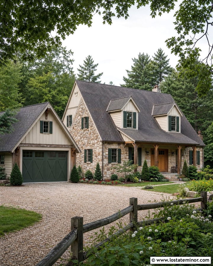 Stone Country House With Green Garage Door - 30 Stone House Design With Garage Door Ideas