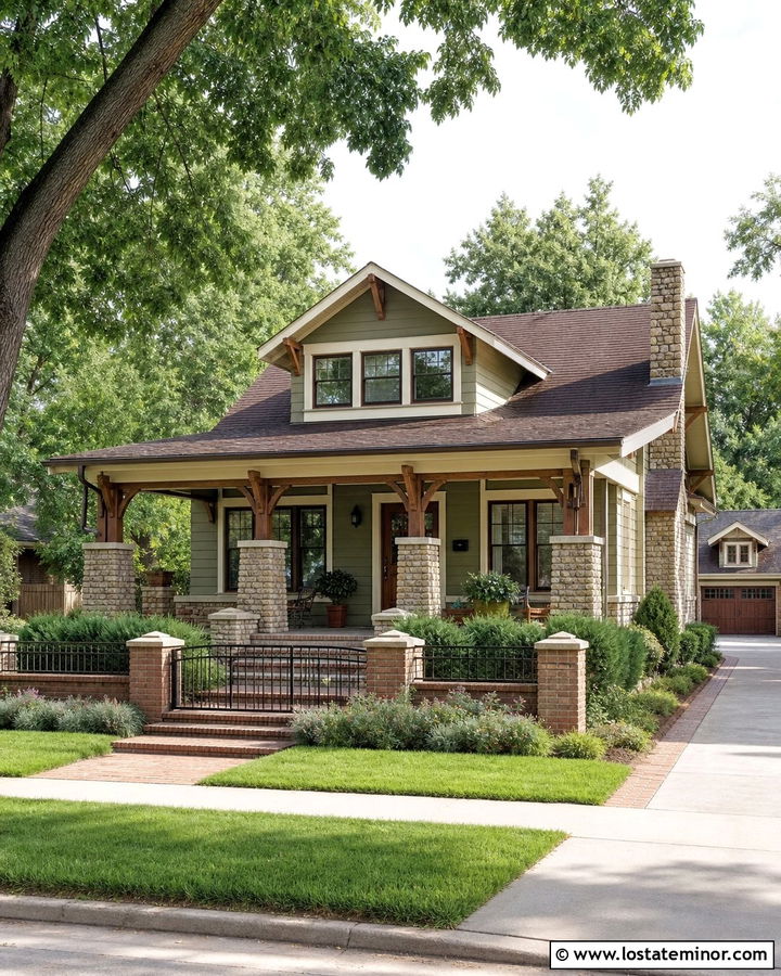 Stone Craftsman House With Brick Fence - 30 Stone House Design With Fence Ideas