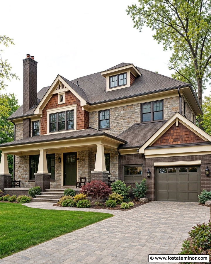 Stone Craftsman House With Dark Brown Brick Accents - 30 Stone House Design With Brick Accents Ideas
