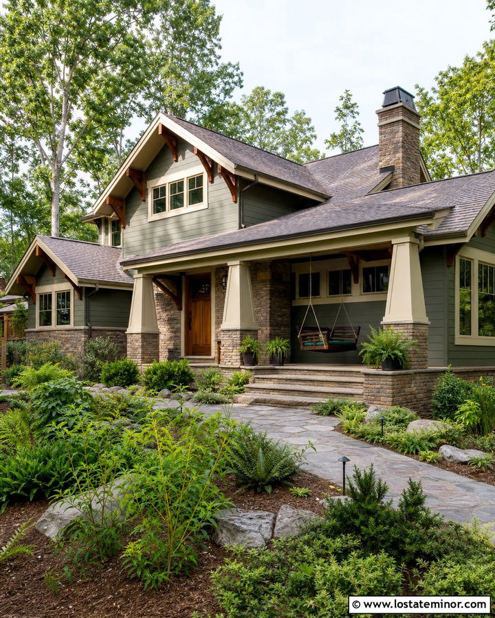 Stone Craftsman House With Mission Swing - 30 Stone House Design With Swing Ideas