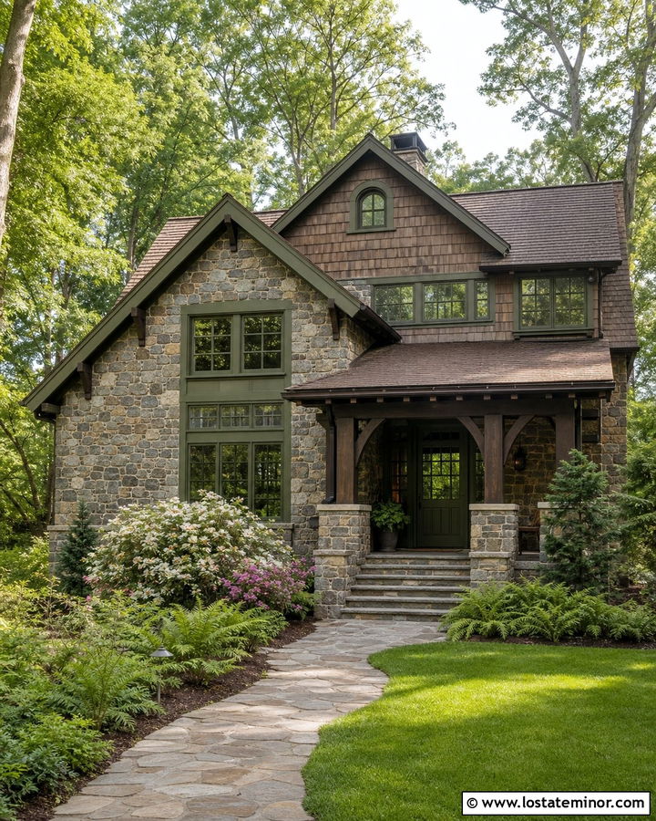 Stone Craftsman House With Olive Window Frames - 30 Stone House Design With Window Frames Ideas