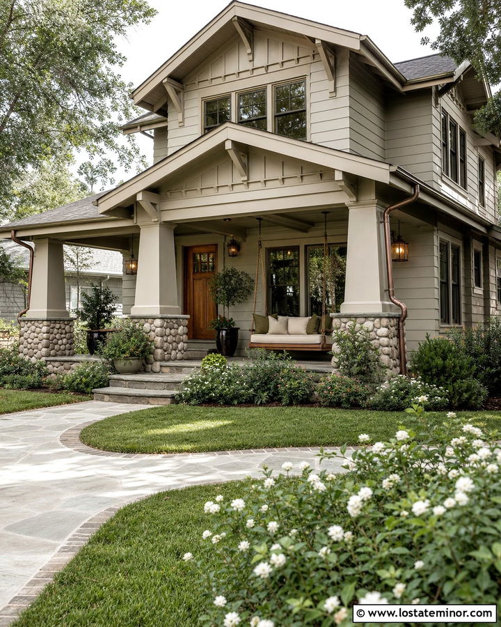 Stone Craftsman House With Porch Swing Daybed - 30 Stone House Design With Daybed Ideas