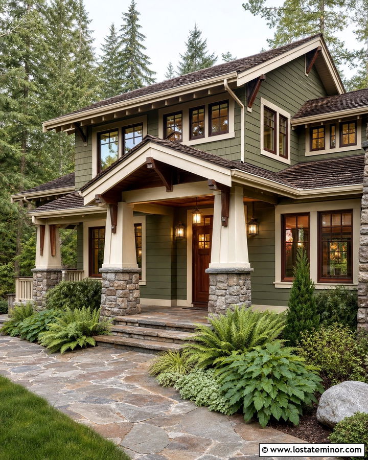 Stone Craftsman House With Slate Walkway - 30 Stone House Design With Walkway Ideas