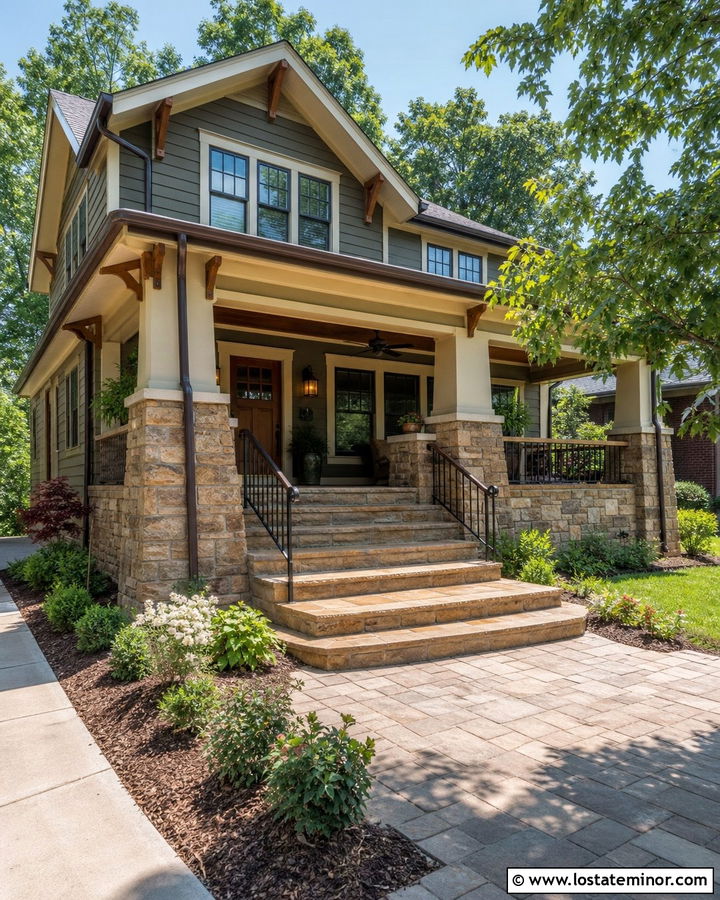 Stone Craftsman House With Tapered Steps - 30 Stone House Design With Steps Ideas