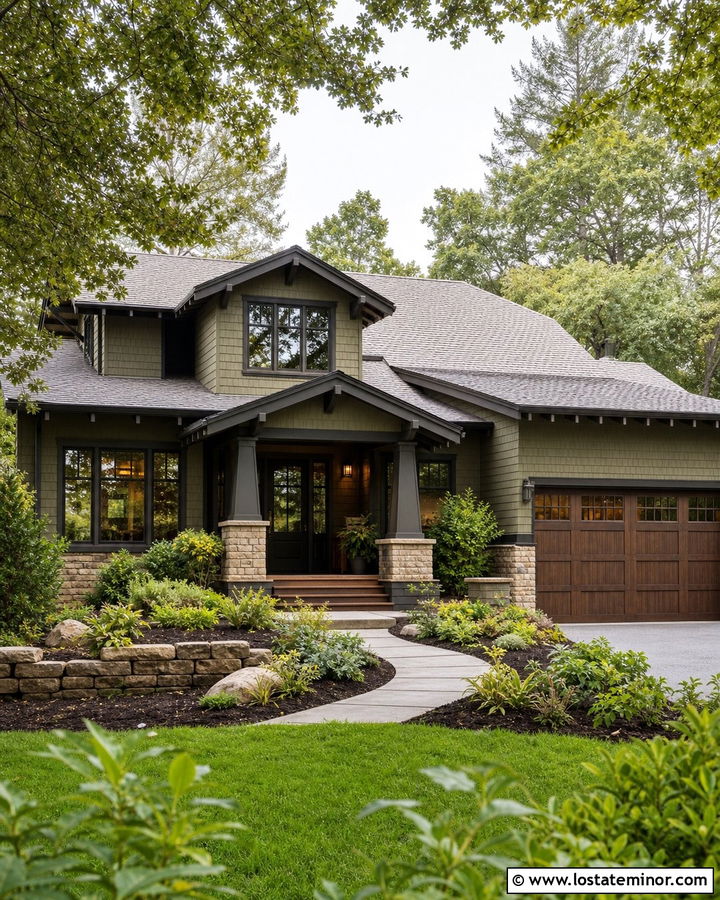Stone Craftsman House With Walnut Garage Door - 30 Stone House Design With Garage Door Ideas