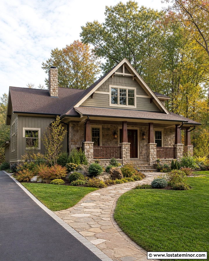 Stone Craftsman House With Wood Railings - 30 Stone House Design With Railings Ideas