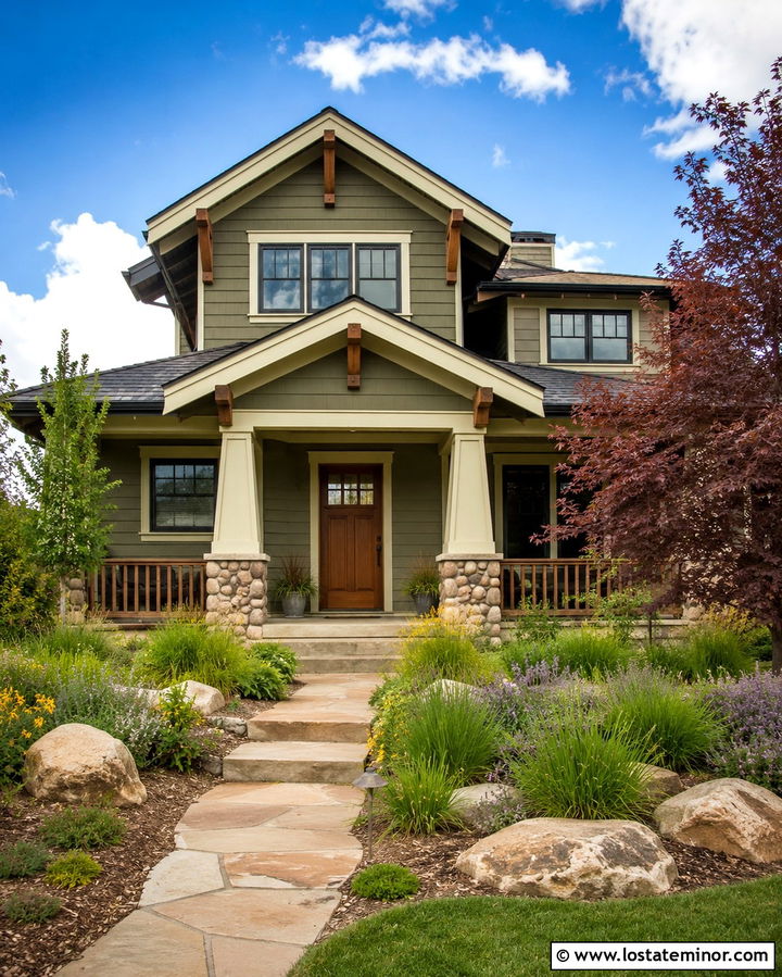 Stone Craftsman With Native Plant Front Yard - 30 Stone House Design With Front Yard Ideas