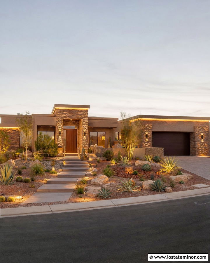 Stone Desert House With Concealed Lighting - 30 Stone House Design With Lighting Ideas