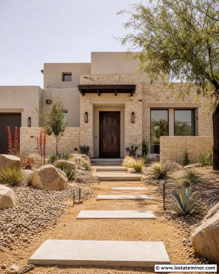 Stone Desert House With Decomposed Granite Walkway - 30 Stone House Design With Walkway Ideas