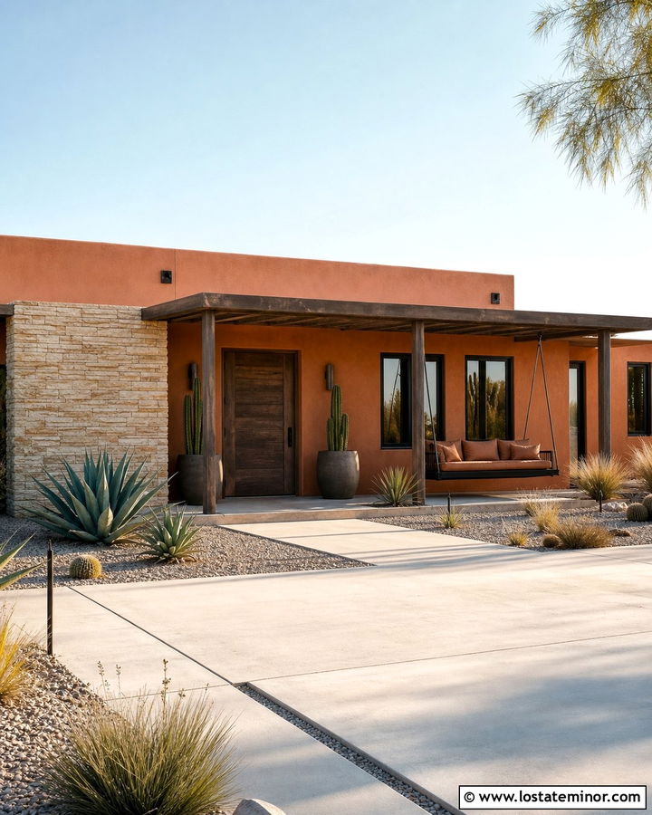 Stone Desert House With Metal Frame Swing - 30 Stone House Design With Swing Ideas