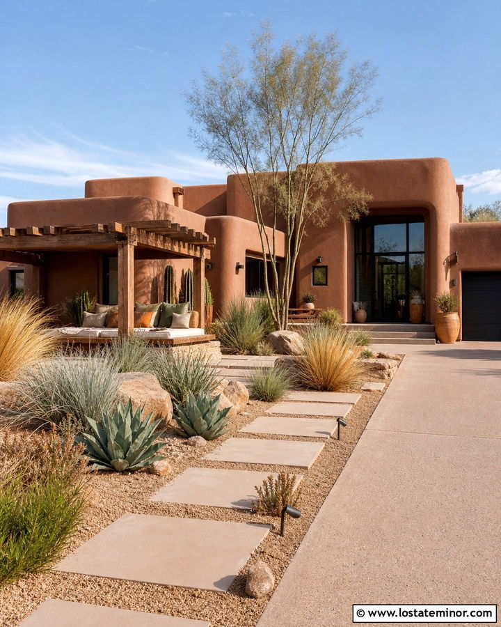 Stone Desert House With Pergola Daybed - 30 Stone House Design With Daybed Ideas
