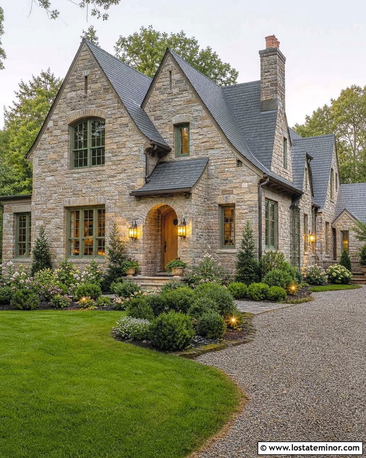 Stone English Cottage With Entry Sconces - 30 Stone House Design With Lighting Ideas