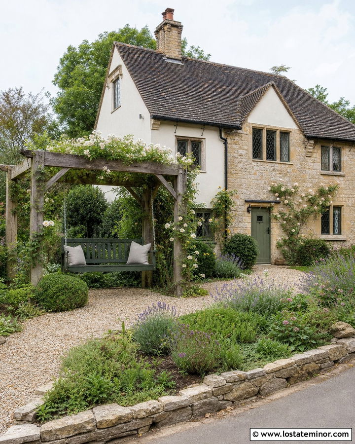 Stone English Cottage With Garden Swing - 30 Stone House Design With Swing Ideas