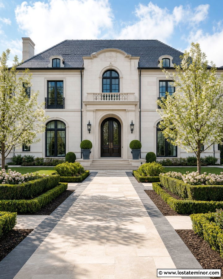 Stone Estate House With Formal Limestone Walkway - 30 Stone House Design With Walkway Ideas