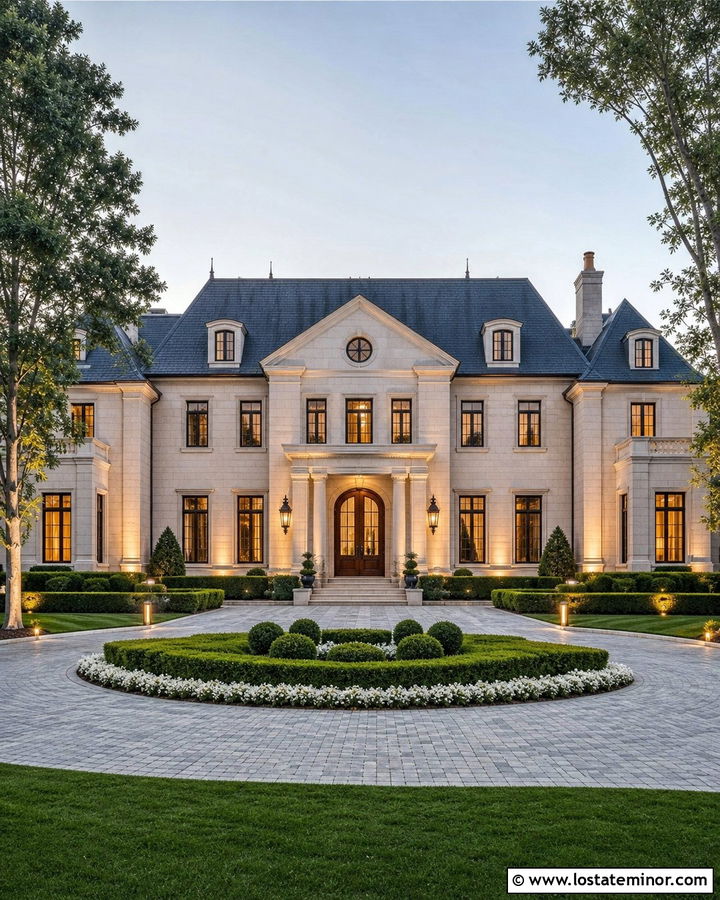 Stone Estate House With Layered Facade Lighting - 30 Stone House Design With Lighting Ideas