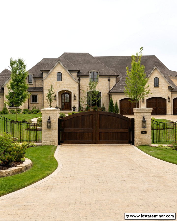 Stone Estate House With Wood Driveway Gate - 30 Stone House Design With Fence Ideas