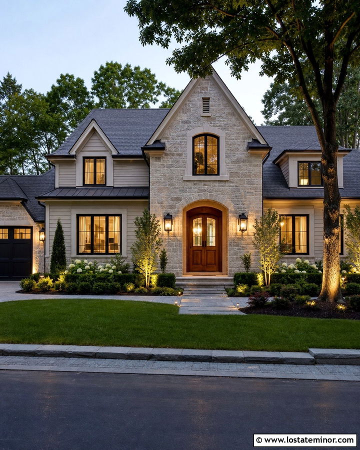 Stone Facade With Landscape Uplights - 30 Stone House Design With Light Fixtures Ideas