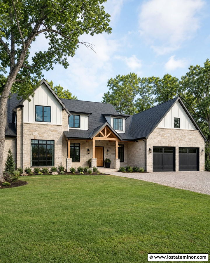 Stone Farmhouse With Black Grid Windows - 30 Stone House Design With Window Frames Ideas