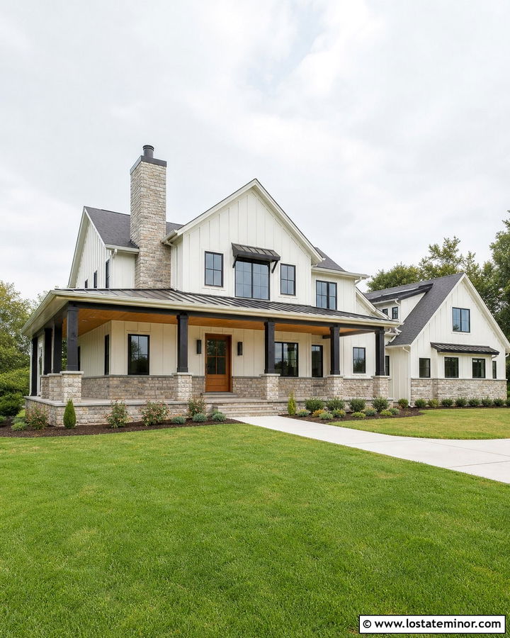 Stone Farmhouse With Black Wood Porch Columns - 30 Stone House Design With Porch Columns Ideas