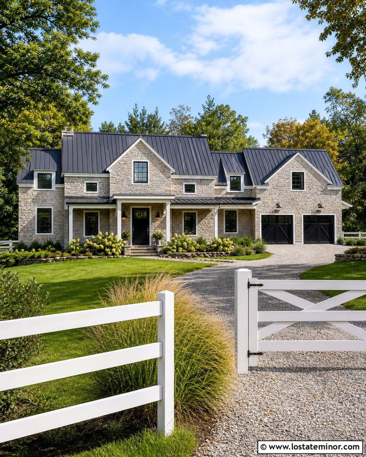 Stone Farmhouse With Board Fence - 30 Stone House Design With Fence Ideas