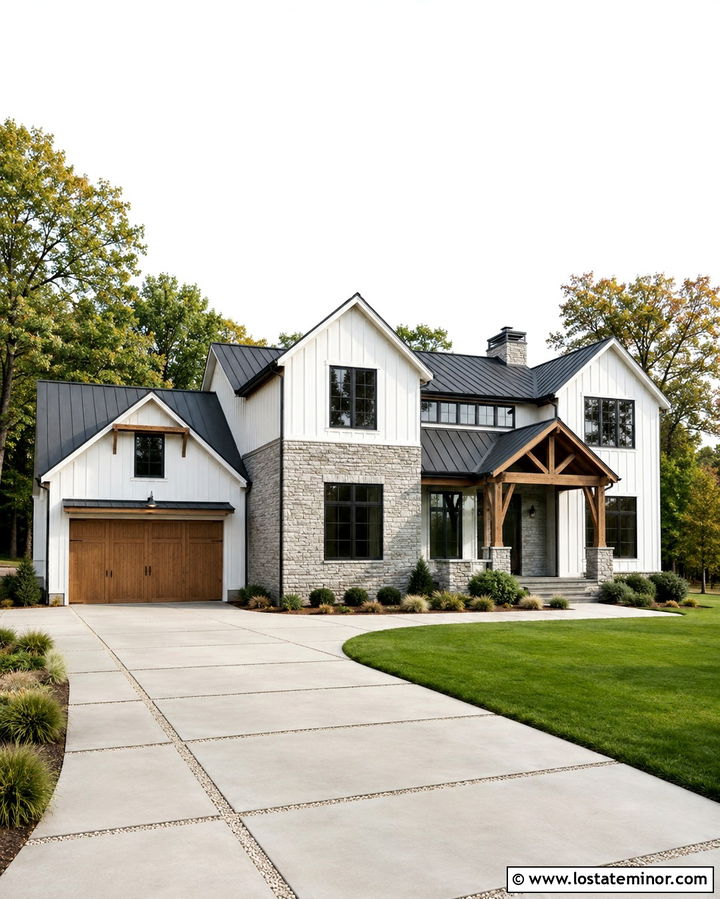 Stone Farmhouse With Concrete Driveway - 30 Stone House Design With Driveway Ideas