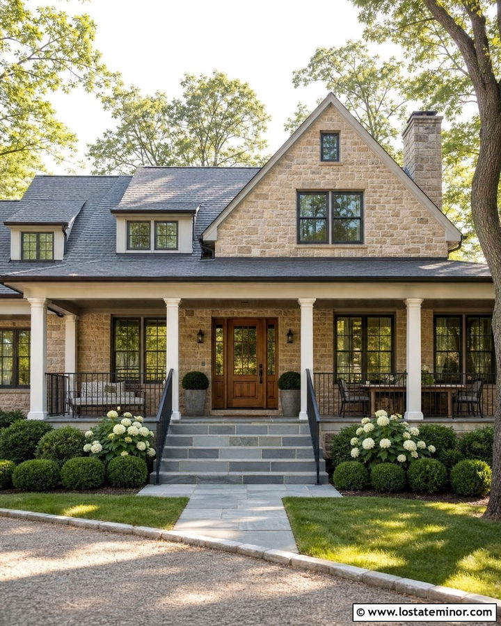 Stone Farmhouse With Covered Porch Steps - 30 Stone House Design With Steps Ideas