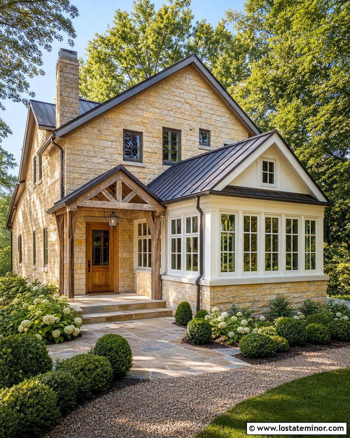Stone Farmhouse With Gabled Sunroom - 30 Stone House Design With Sunroom Ideas