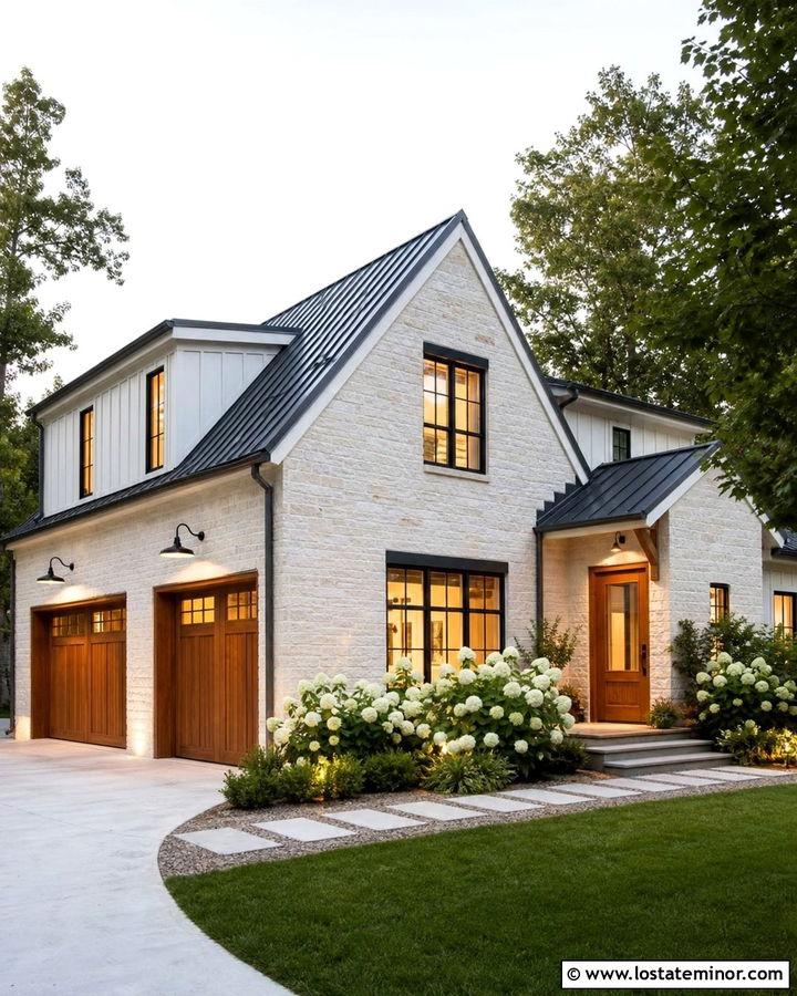 Stone Farmhouse With Gooseneck Exterior Lighting - 30 Stone House Design With Lighting Ideas