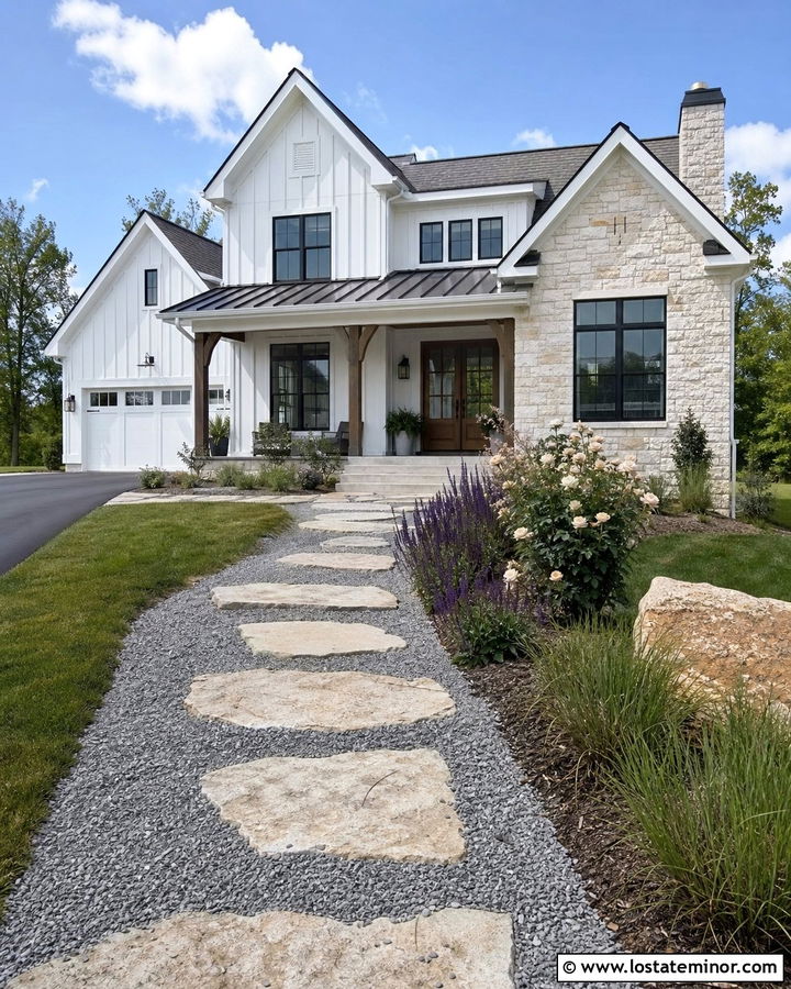 Stone Farmhouse With Gravel And Paver Walkway - 30 Stone House Design With Walkway Ideas