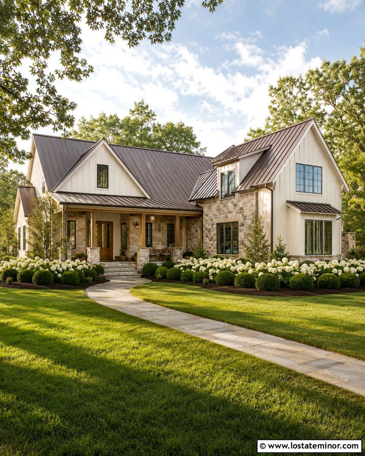 Stone Farmhouse With Hydrangea Front Yard - 30 Stone House Design With Front Yard Ideas