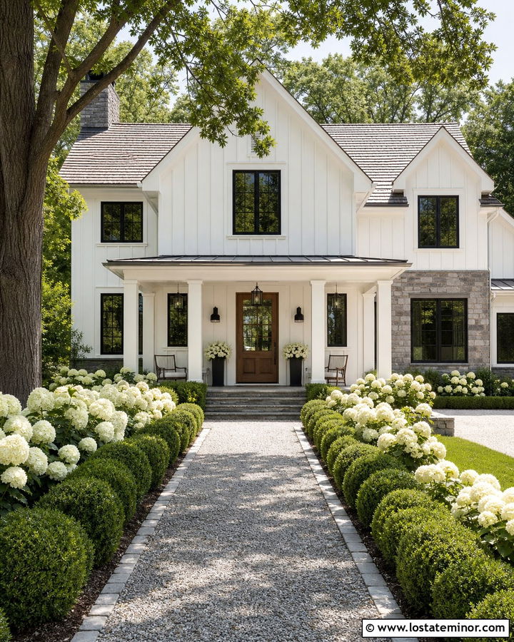 Stone Farmhouse With Hydrangea Landscaping - 30 Stone House Design With Landscaping Ideas