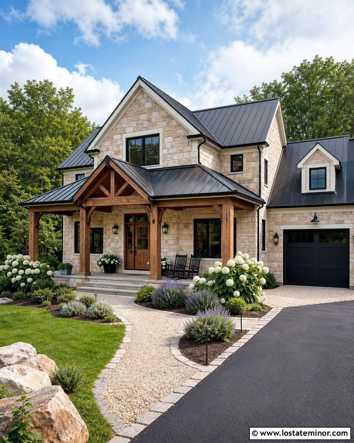 Stone Farmhouse With Metal Roof Portico - 30 Stone House Design With Portico Ideas