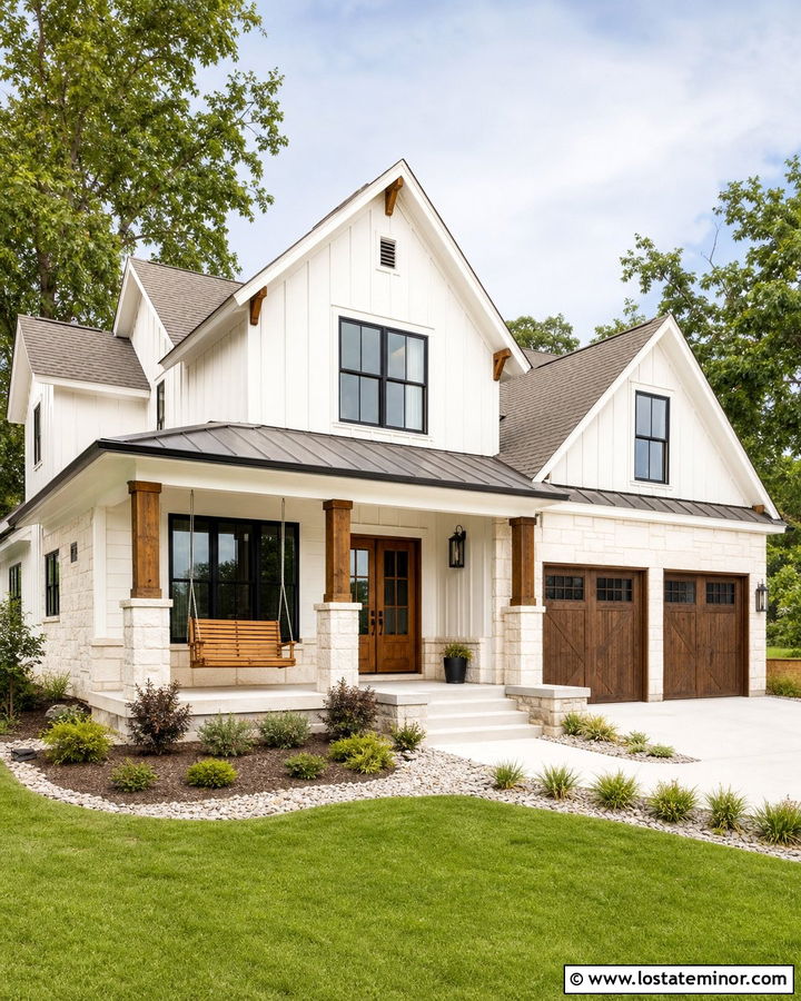 Stone Farmhouse With Natural Wood Swing - 30 Stone House Design With Swing Ideas