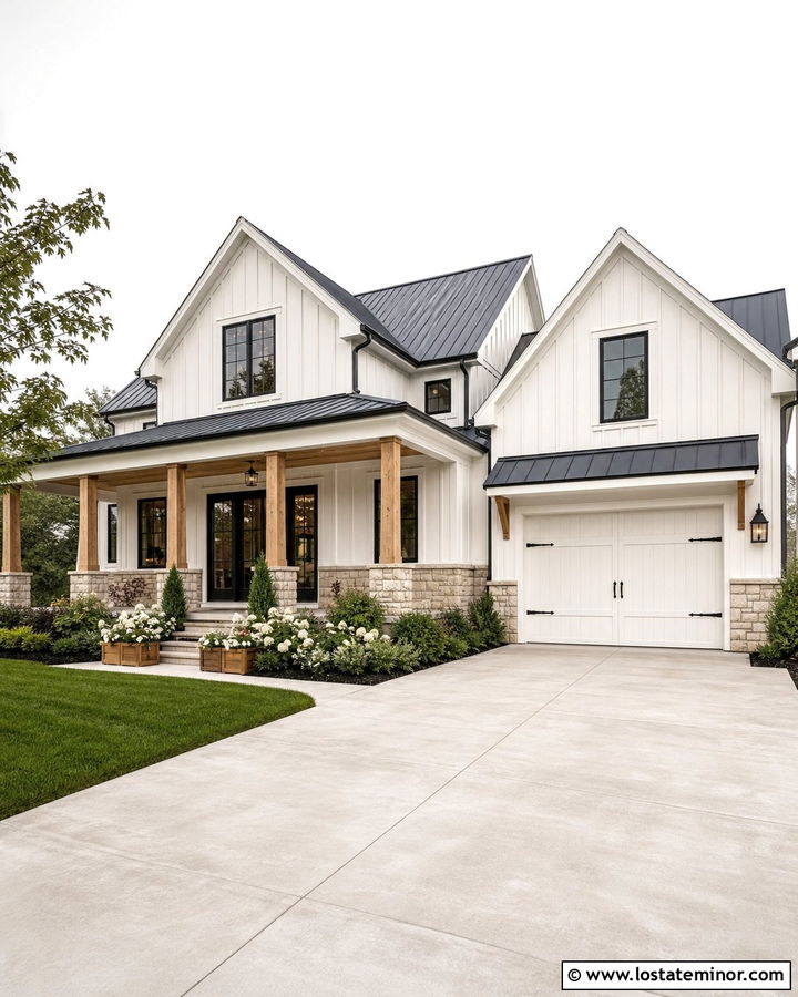 Stone Farmhouse With White Garage Door - 30 Stone House Design With Garage Door Ideas