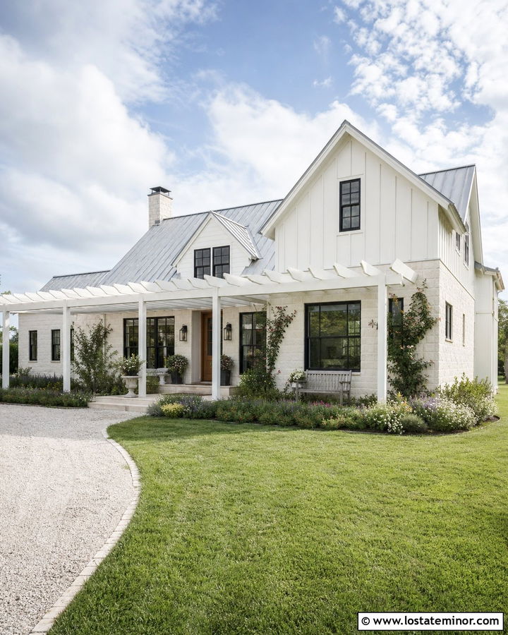 Stone Farmhouse With White Pergola - 30 Stone House Design With Pergola Ideas