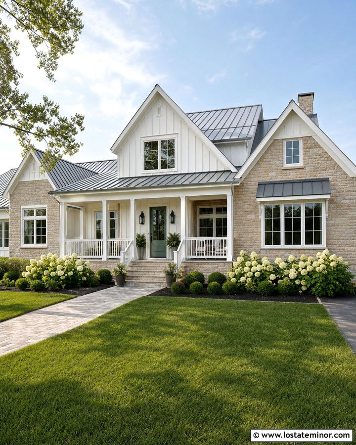 Stone Farmhouse With White Porch Railings - 30 Stone House Design With Railings Ideas