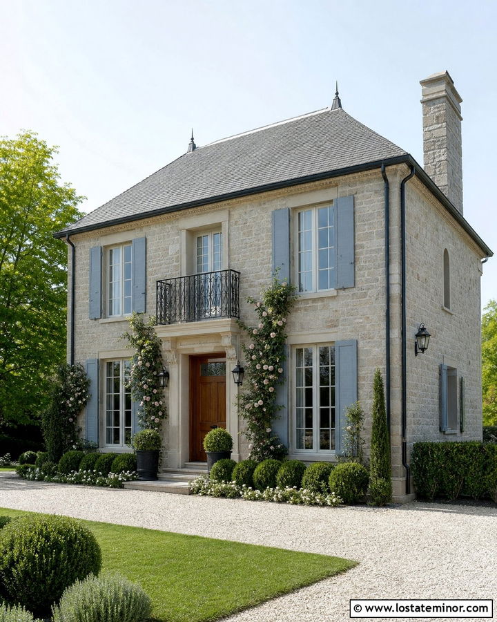 Stone French Country House With Balcony Railings - 30 Stone House Design With Railings Ideas